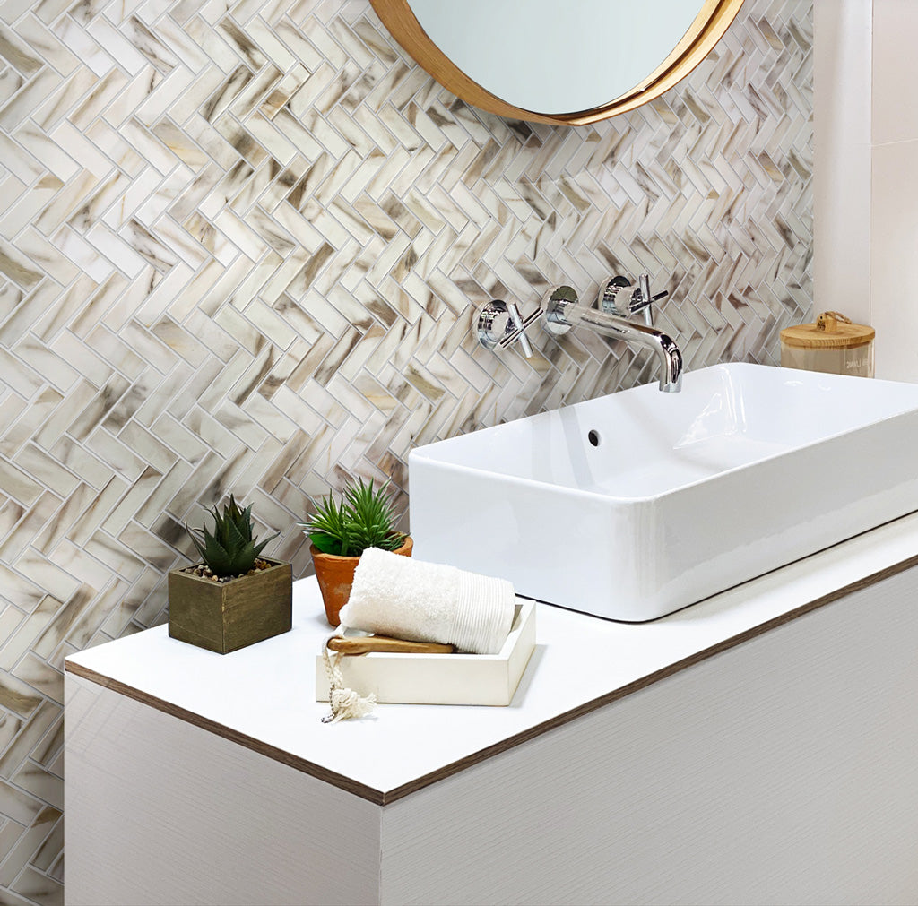 White Beige 11x13 Matte Herringbone Recycled Glass Mosaic Tile (10 pack, 9.625 sq ft/case) - Sample