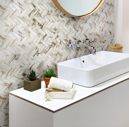 White Beige 11x13 Matte Herringbone Recycled Glass Mosaic Tile (10 pack, 9.625 sq ft/case) - Sample