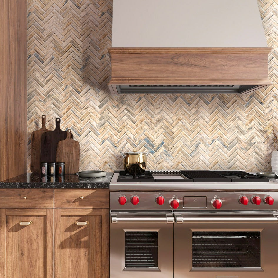 Beige 11x13 Herringbone Matte Recycled Glass Mosaic Tile (10 pack, 9.625 sq ft/case) - Sample