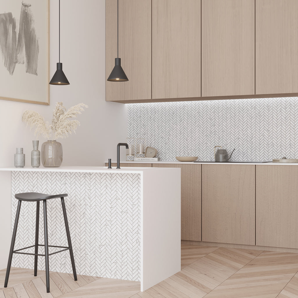 White with Gray Vein 11x13 Polished Herringbone Glass Recycled Glass Mosaic Tile (10 pack, 9.63 sq ft/case)