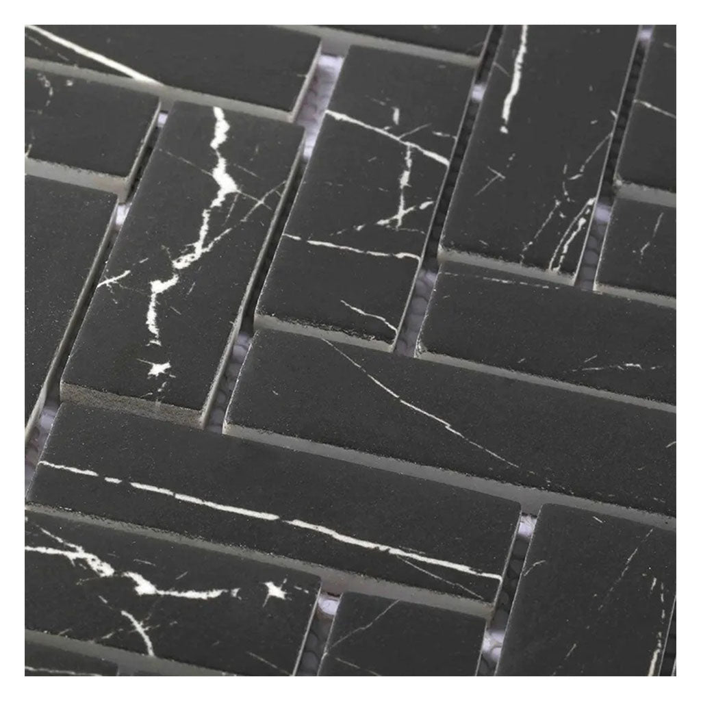Black with White Vein 11x13 Polished Herringbone Glass Recycled Glass Mosaic Tile (10 pack, 9.63 sq ft/case)