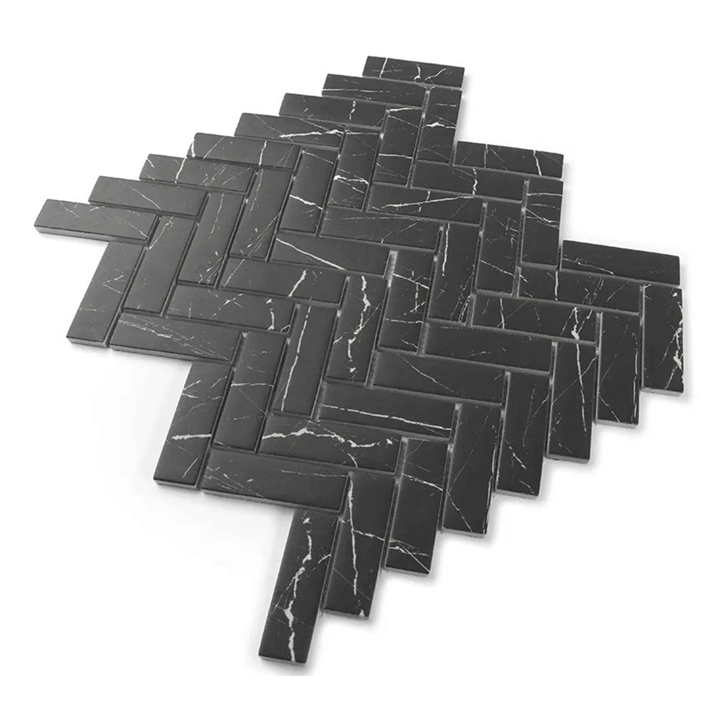 Black with White Vein 11x13 Polished Herringbone Glass Recycled Glass Mosaic Tile (10 pack, 9.63 sq ft/case) - Sample