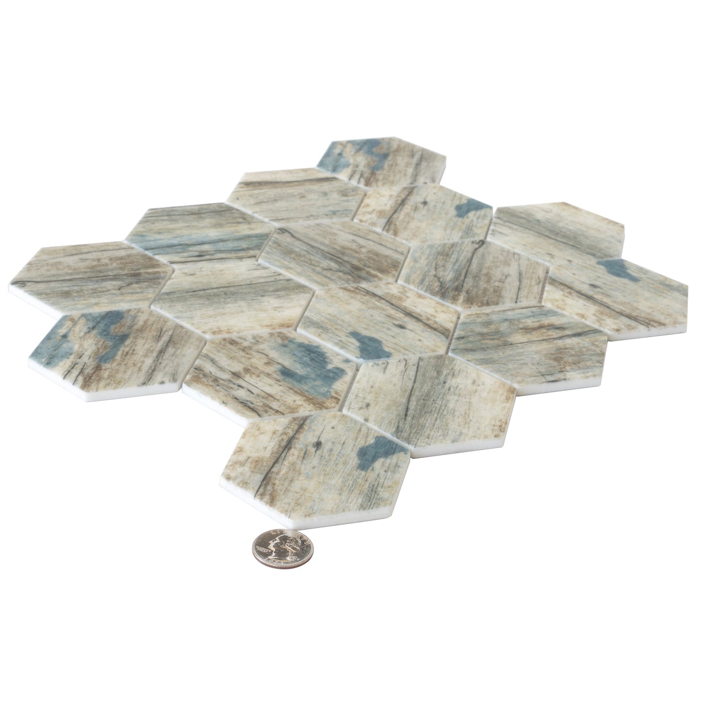 Blue Beige 10x12 Matte Hexagon Recycled Glass Mosaic Tile (10 pack, 8.29 sq ft/case) - Sample