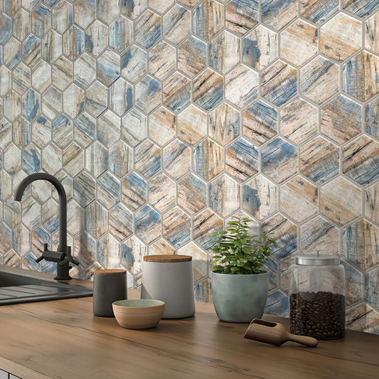 Blue Beige 10x12 Matte Hexagon Recycled Glass Mosaic Tile (10 pack, 8.29 sq ft/case)