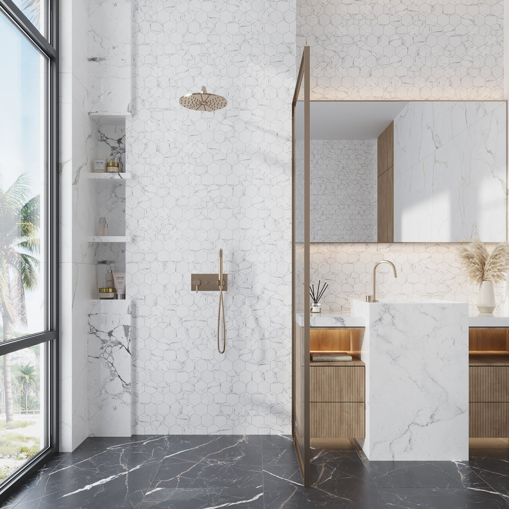 White with Gray Vein 10x12 Polished Hexagon Glass Recycled Glass Mosaic Tile (10 pack, 8.29 sq ft/case)