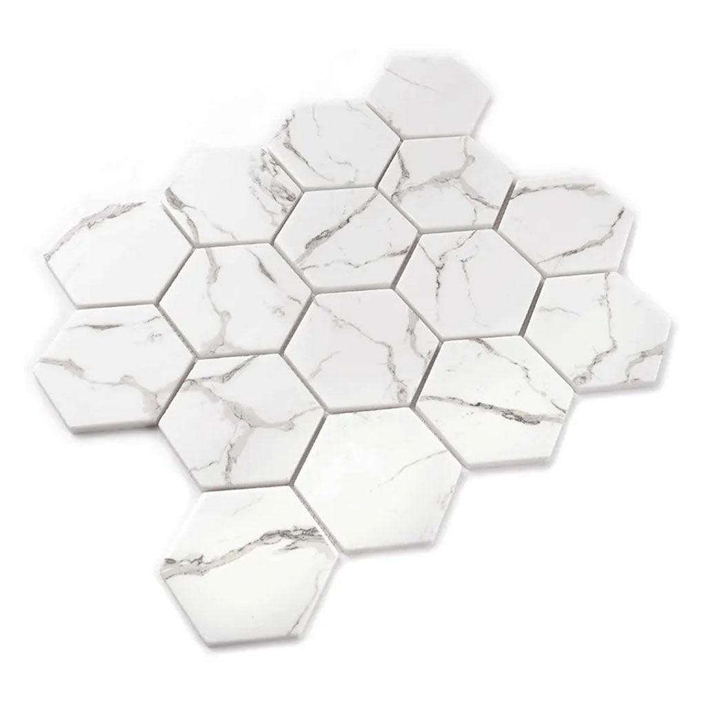 White with Gray Vein 10x12 Polished Hexagon Glass Recycled Glass Mosaic Tile (10 pack, 8.29 sq ft/case) - Sample
