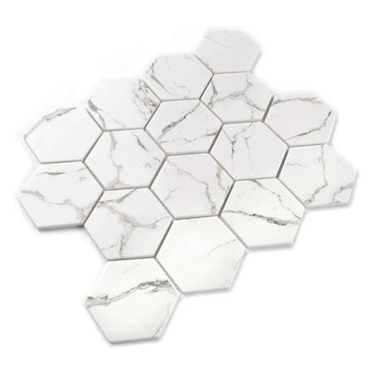 White with Gray Vein 10x12 Polished Hexagon Glass Recycled Glass Mosaic Tile (10 pack, 8.29 sq ft/case) - Sample