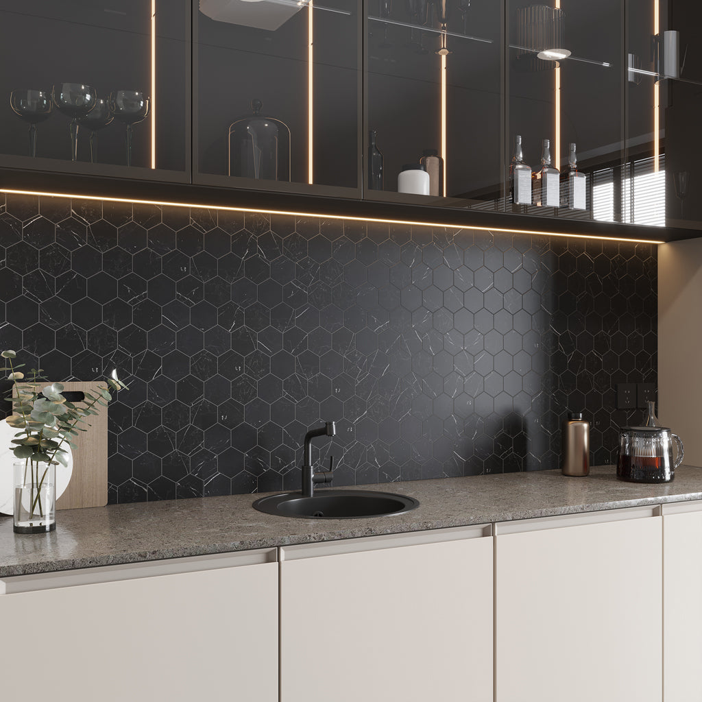 Black with White Vein 10x12 Polished Hexagon Glass Recycled Glass Mosaic Tile (10 pack, 8.29 sq ft/case)