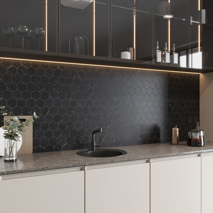 Black with White Vein 10x12 Polished Hexagon Glass Recycled Glass Mosaic Tile (10 pack, 8.29 sq ft/case)