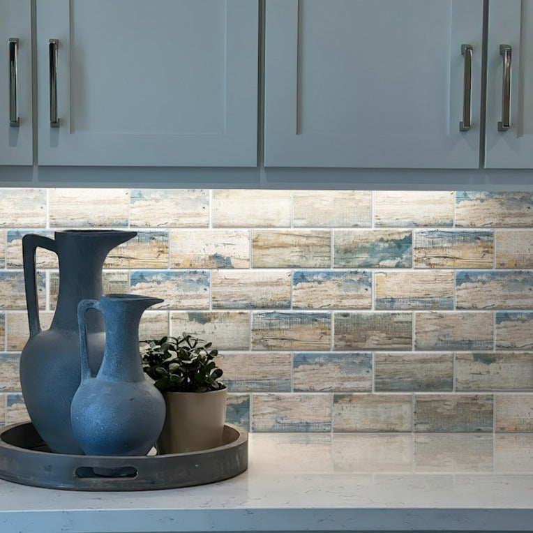 Blue Beige 12x12 Matte Brick Recycled Glass Mosaic Tile (10 pack, 9.18 sq ft/case) - Sample