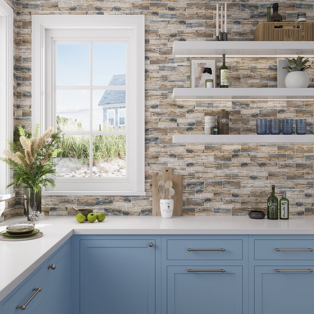Blue Beige 12x12 Matte Brick Recycled Glass Mosaic Tile (10 pack, 9.18 sq ft/case) - Sample