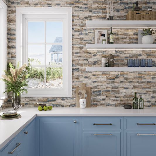 Blue Beige 12x12 Matte Brick Recycled Glass Mosaic Tile (10 pack, 9.18 sq ft/case) - Sample