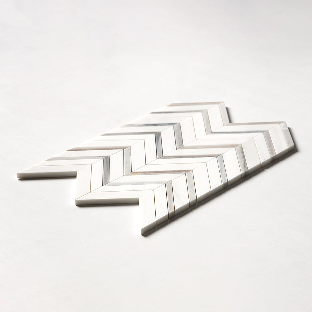 Snow White, Skyline Polished Chevron Fusion Waterjet Marble Mosaic