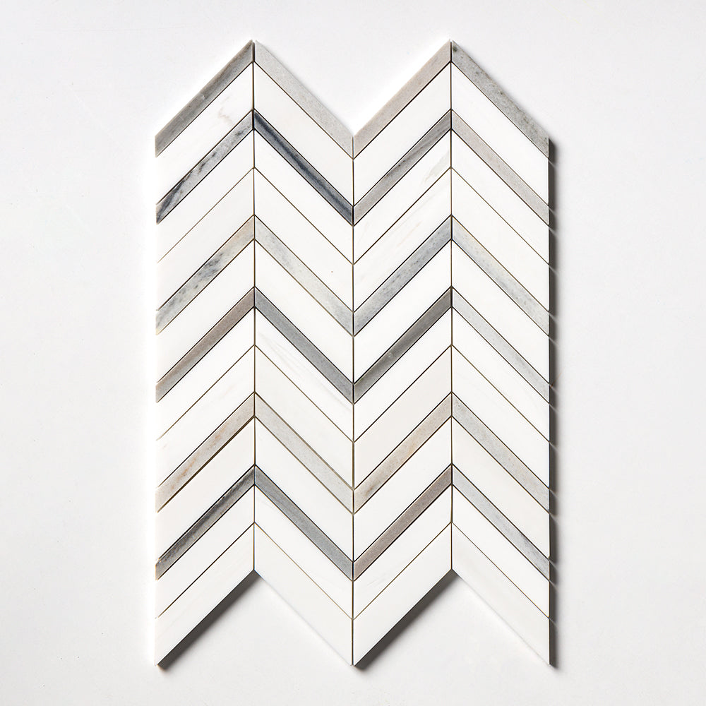 Snow White, Skyline Polished Chevron Fusion Waterjet Marble Mosaic