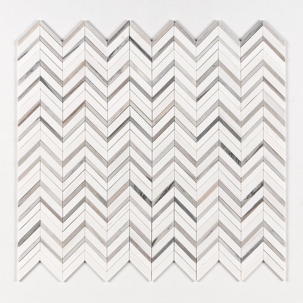 Snow White, Skyline Honed Chevron Fusion Waterjet Marble Mosaic