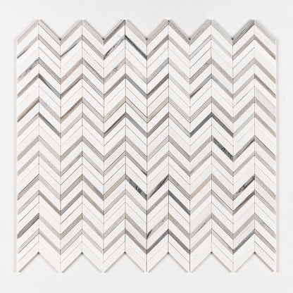 Snow White, Skyline Honed Chevron Fusion Waterjet Marble Mosaic