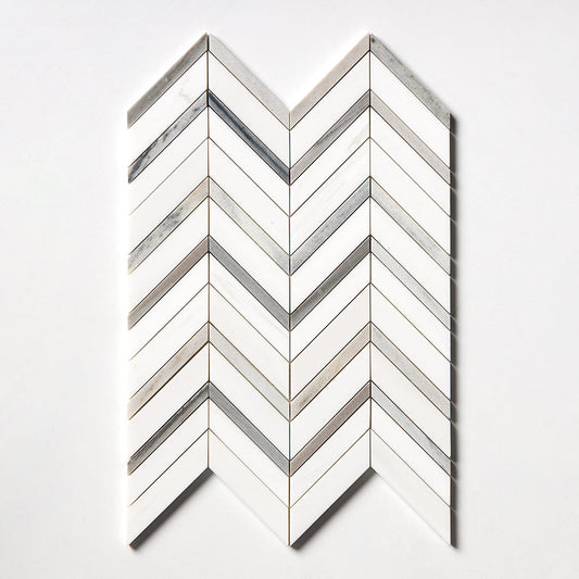 Snow White, Skyline Honed Chevron Fusion Waterjet Marble Mosaic
