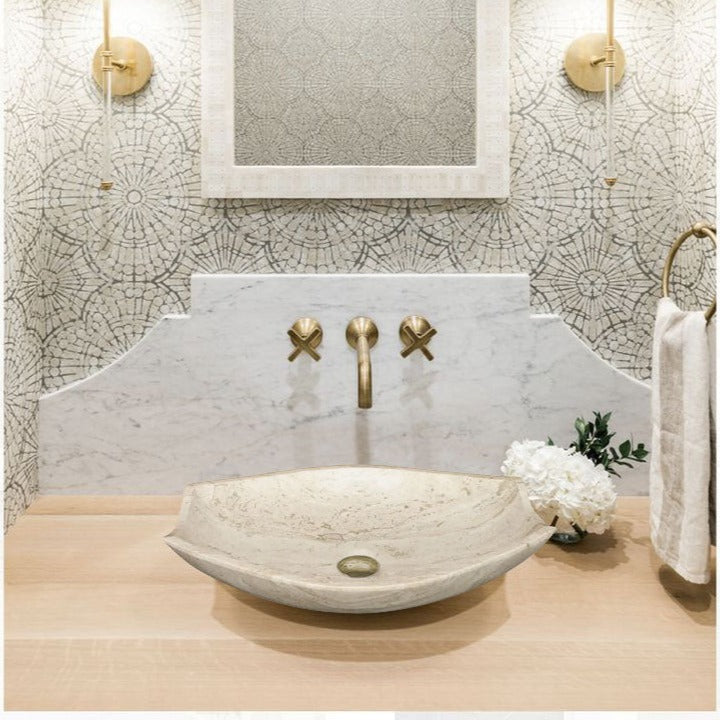 Natural Polished Stone Vessel Travertine Sink  (W)20" (L)12.5" (H)4.5"
