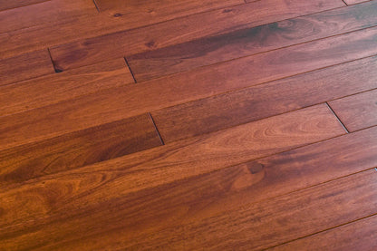 "Indo Mahogany Smooth Solid Hardwood Flooring in Natural Santos style, 3/4 x 3.6 inches. SKU: TRPSH-IMNS. Experience the natural beauty of Santos Mahogany, adding warmth and sophistication to your space."