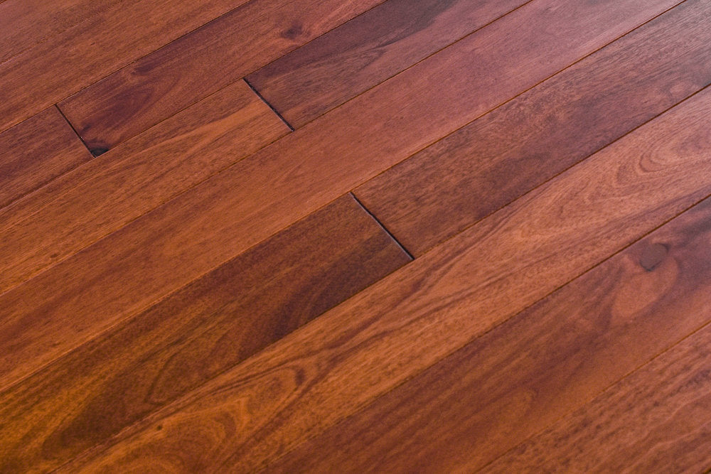 "Indo Mahogany Smooth Solid Hardwood Flooring in Natural Santos style, 3/4 x 3.6 inches. SKU: TRPSH-IMNS. Experience the natural beauty of Santos Mahogany, adding warmth and sophistication to your space."