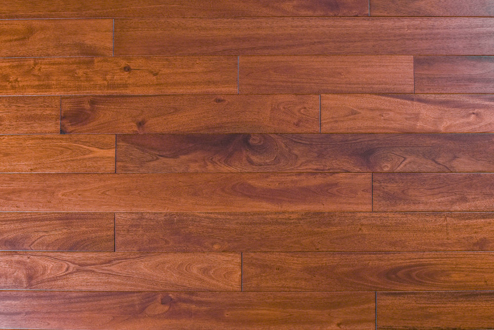 "Indo Mahogany Smooth Solid Hardwood Flooring in Natural Santos style, 3/4 x 3.6 inches. SKU: TRPSH-IMNS. Experience the natural beauty of Santos Mahogany, adding warmth and sophistication to your space."