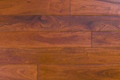 "Indo Mahogany Smooth Solid Hardwood Flooring in Natural Santos style, 3/4 x 3.6 inches. SKU: TRPSH-IMNS. Experience the natural beauty of Santos Mahogany, adding warmth and sophistication to your space."