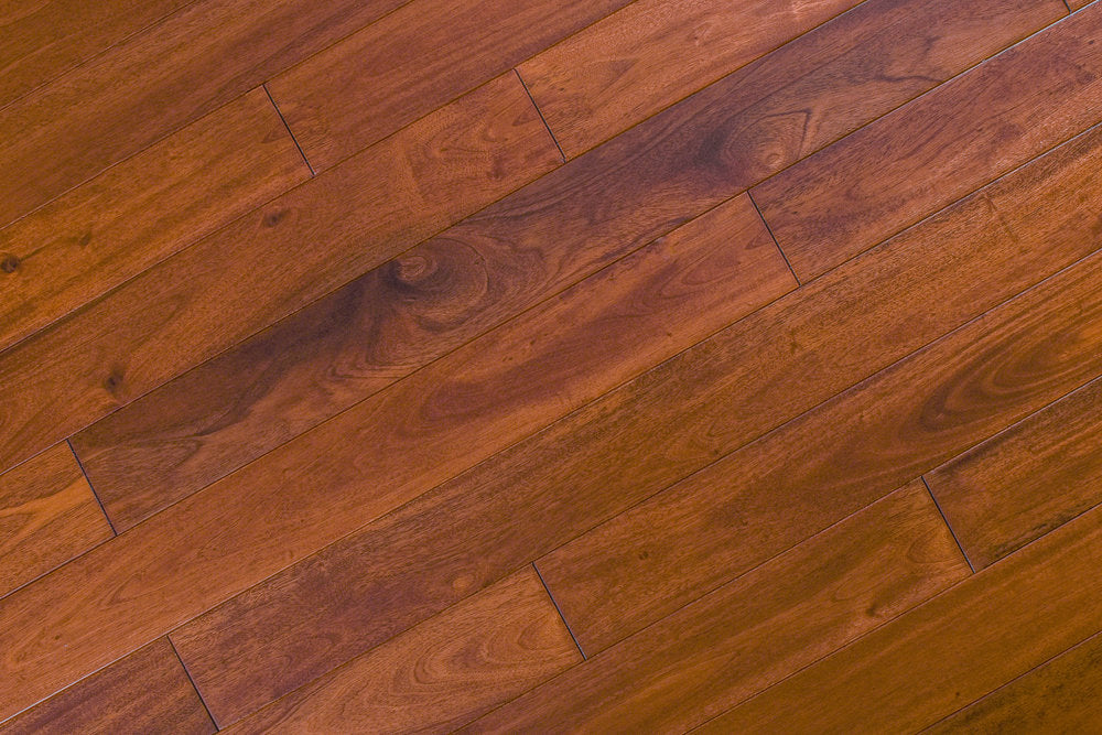 "Indo Mahogany Smooth Solid Hardwood Flooring in Natural Santos style, 3/4 x 3.6 inches. SKU: TRPSH-IMNS. Experience the natural beauty of Santos Mahogany, adding warmth and sophistication to your space."