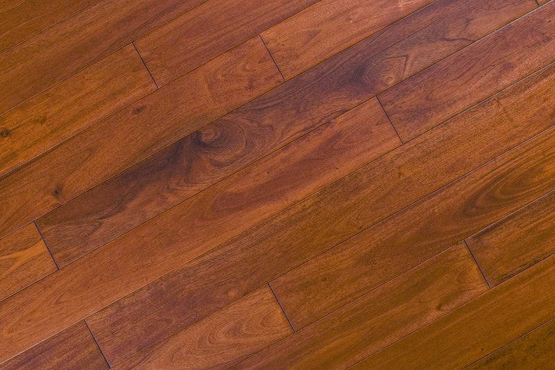 "Indo Mahogany Smooth Solid Hardwood Flooring in Natural Santos style, 3/4 x 3.6 inches. SKU: TRPSH-IMNS. Experience the natural beauty of Santos Mahogany, adding warmth and sophistication to your space."