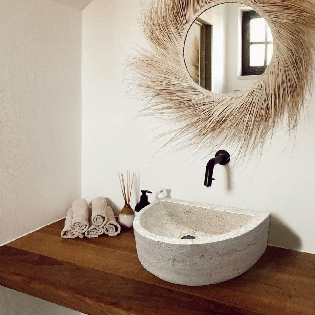 Natural Stone Deep Half Light Travertine Special Design Vessel Sink Honed and Filled (W)16.3" (L)10" (H)4.5"