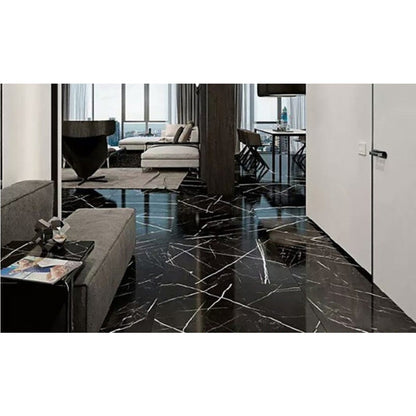 Nero Marquina Black Marble Tile Polished size 12x24 SKU-40102006 installed on living room and hall floors 