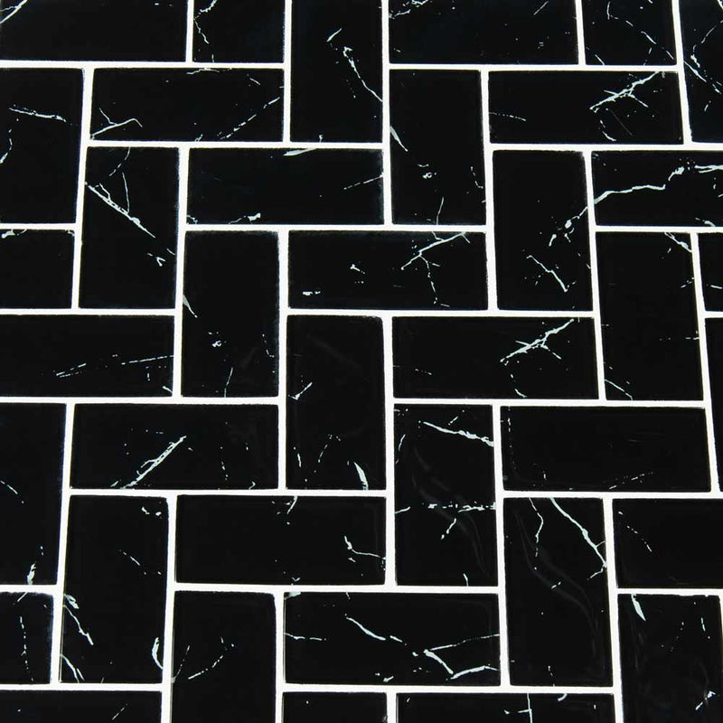 MSI Nero Marquina Herringbone Glass Mosaic Tile 11.61"x11.81"