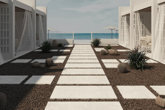 Nexos white porcelain outdoor pavers 2cm thick installed outdoor