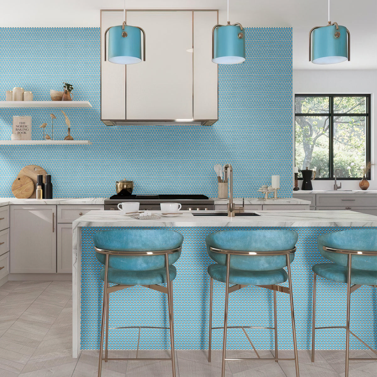 Sky Blue 12x12 Glossy Penny Round Porcelain Mosaic Tile (10 pack, 9.87 sq ft/case) - Sample