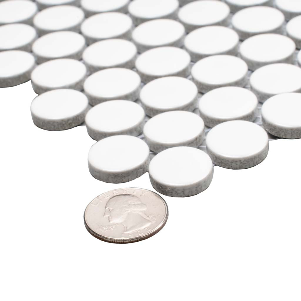 Cotton White 12x12 Glossy Penny Round Porcelain Mosaic Tile (10 pack, 9.87 sq ft/case) - Sample