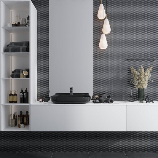 Black 12x12 Glossy Penny Round Porcelain Mosaic Tile (10 pack, 9.87 sq ft/case) - Sample