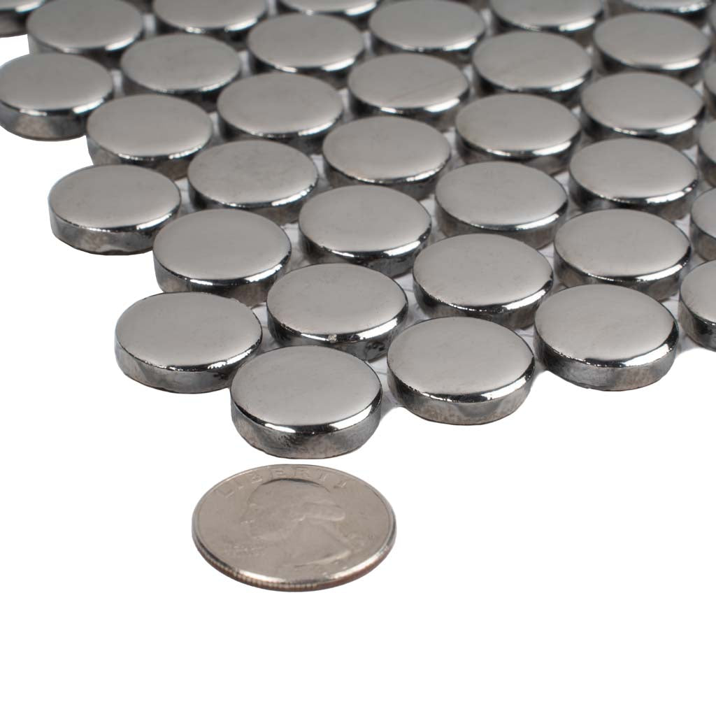 Metallic Silver 12x12 Glossy Penny Round Porcelain Mosaic Tile (10 pack, 9.87 sq ft/case)