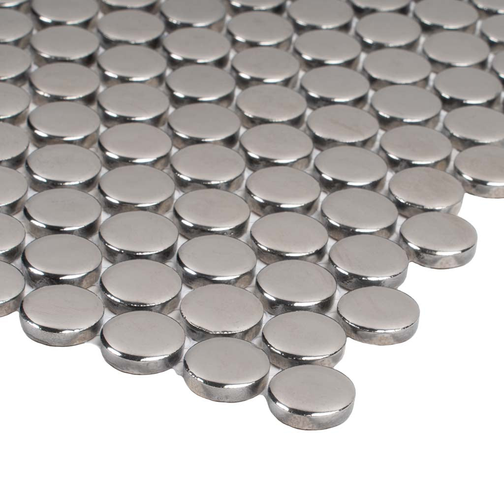 Metallic Silver 12x12 Glossy Penny Round Porcelain Mosaic Tile (10 pack, 9.87 sq ft/case)