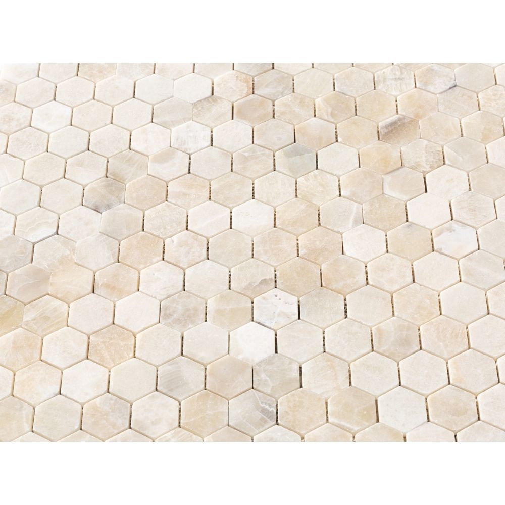 Onyx Beige Marble 2" Hexagon on 12" x 12" Mesh Mosaic Tile
