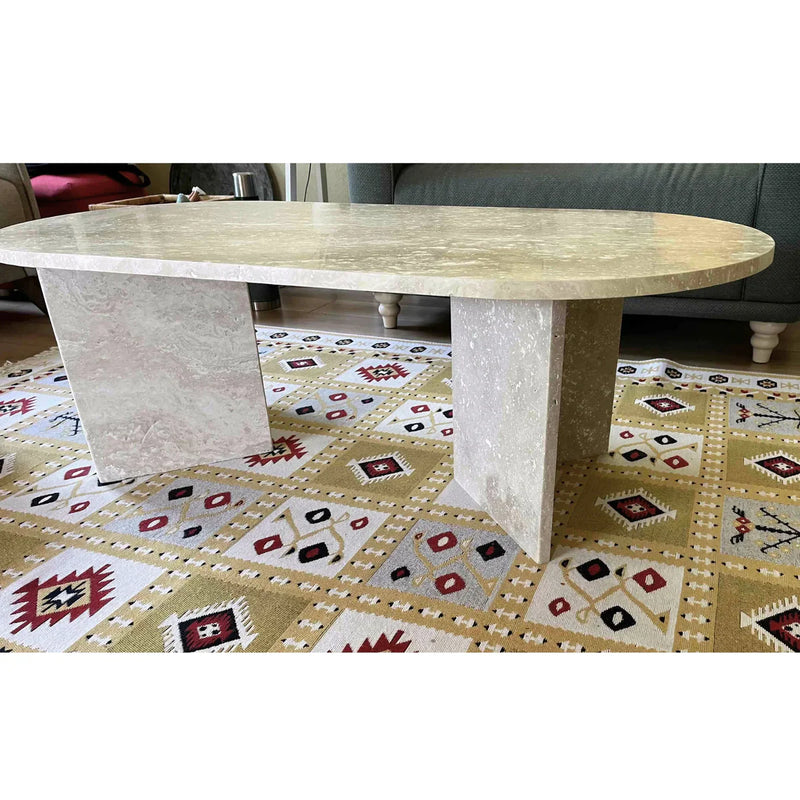 Troia Light Travertine Oval Shape Coffee Table Filled and Polished (W)24" (L)48" (H)16"