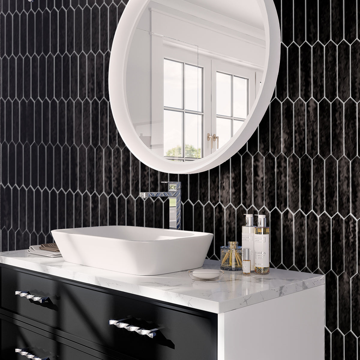 Black 2x10 Glossy Picket Ceramic Tile (23 pack, 2.37 sq ft/case) - Sample