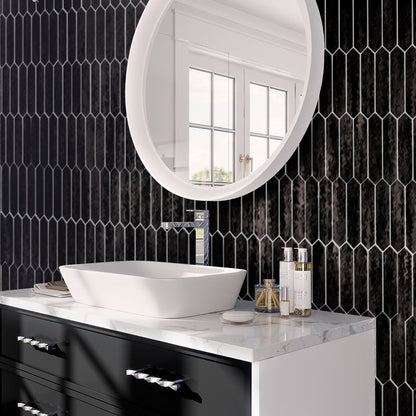 Black 2x10 Glossy Picket Ceramic Tile (23 pack, 2.37 sq ft/case) - Sample