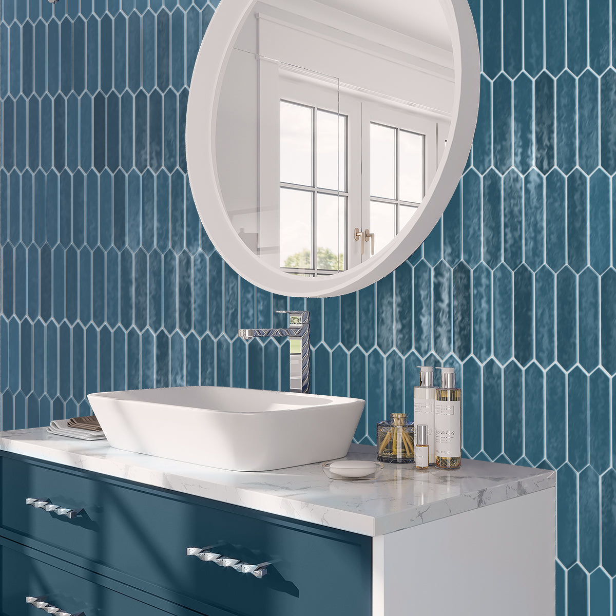 Teal Blue 2x10 Glossy Picket Ceramic Tile (23 pack, 2.37 sq ft/case) - Sample
