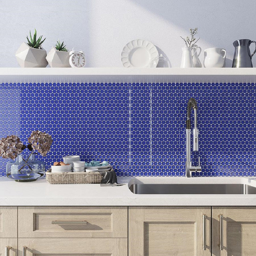 Cobalt Blue 12x12 Glossy Penny Round Glass Mosaic Tile (5 pack, 5 sq ft/case) - Sample