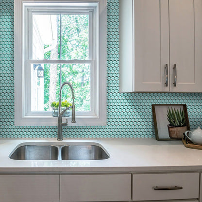 Sky Blue 12x12 Glossy Penny Round Glass Mosaic Tile (5 pack, 5 sq ft/case) - Sample