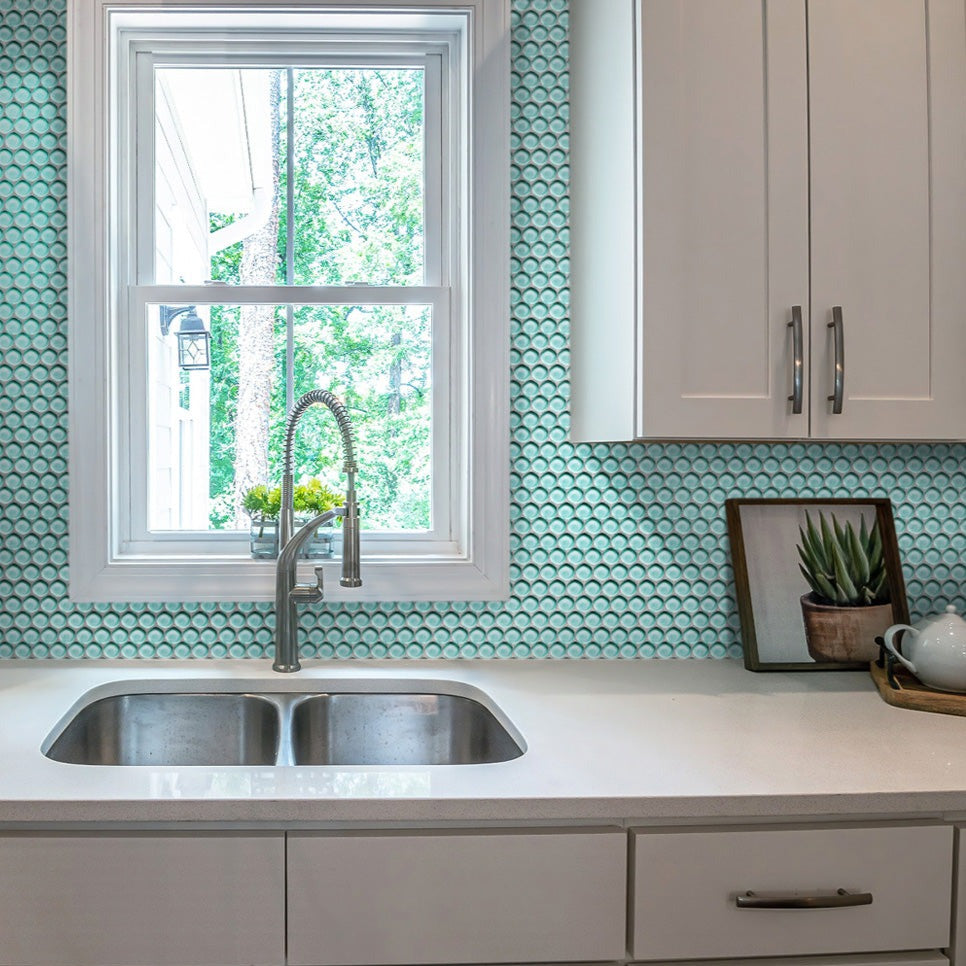 Sky Blue 12x12 Glossy Penny Round Glass Mosaic Tile (5 pack, 5 sq ft/case)