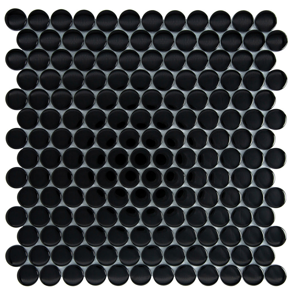 Black 12x12 Glossy Penny Round Glass Mosaic Tile (5 pack, 5 sq ft/case)