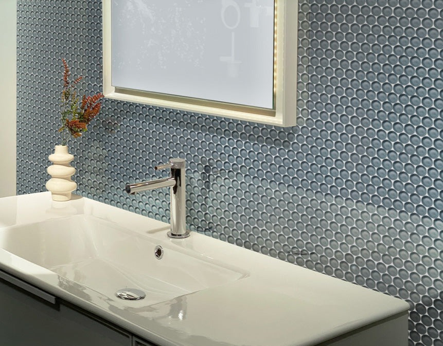 Stone Blue 12x12 Glossy Penny Round Glass Mosaic Tile (5 pack, 5 sq ft/case) - Sample