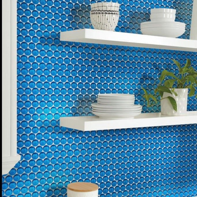 Cerulean Blue 12x12 Glossy Penny Round Glass Mosaic Tile (5 pack, 5 sq ft/case)