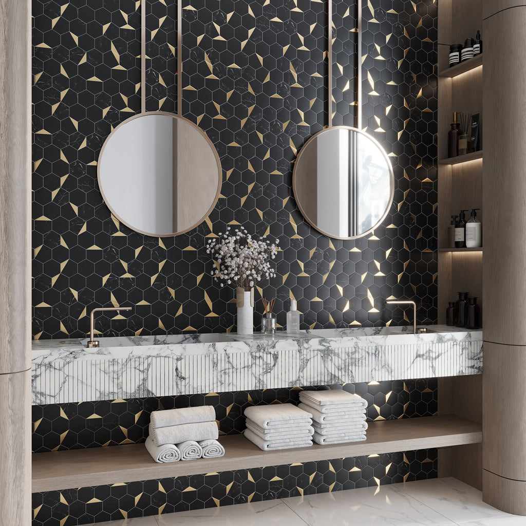 Black Gold 12x12 Honed Hexagon PVC Peel & Stick Tile (10 pack, 8.3 sq ft/case)