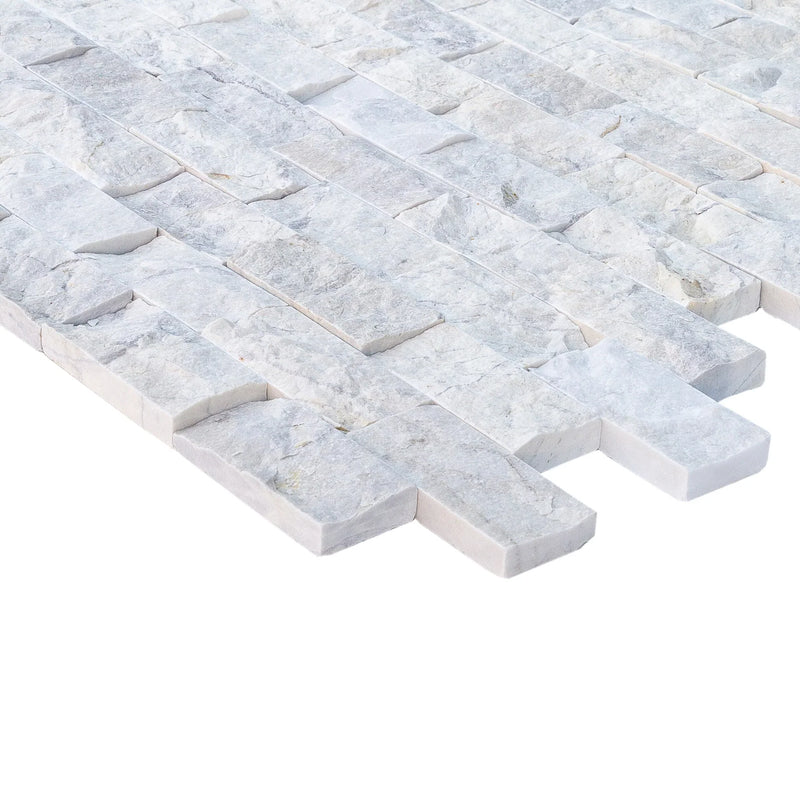 Palia White Dolomite 2"x4" Brick Split Face on 12" x 12" Mesh Mosaic Tile